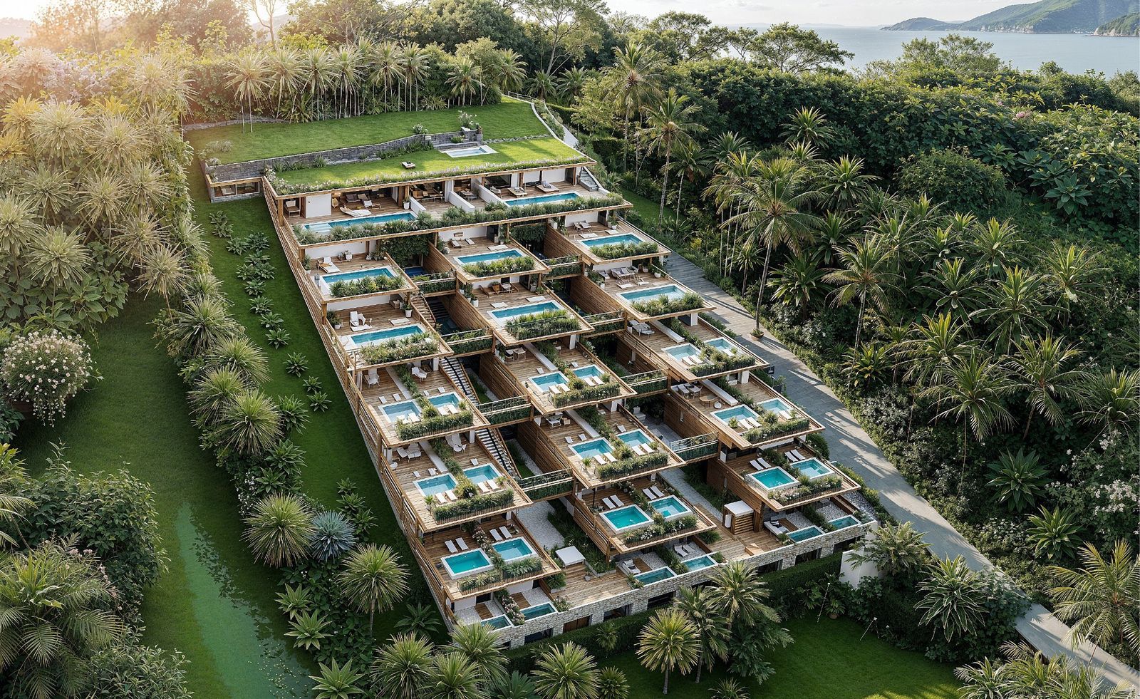 Vue aérienne des Terrasses de Povai : sept niveaux en gradins, piscines privatives, jardins — perspective 3D