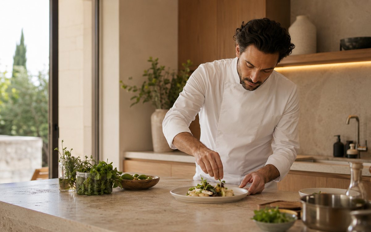 Chef dressant une assiette dans la cuisine ouverte d'un appartement