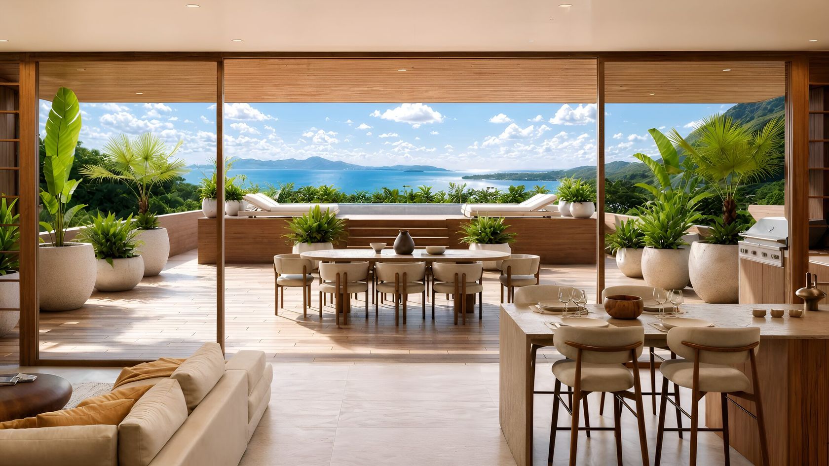 Terrasse d'un appartement des Terrasses de Povai ouverte sur le lagon de Bora Bora — perspective 3D