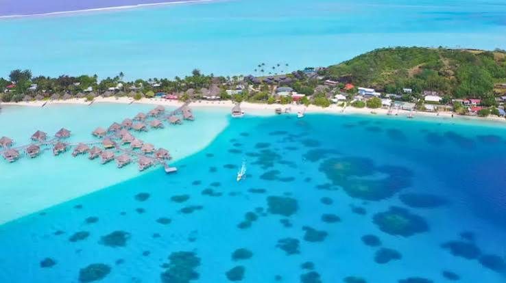 Vue aérienne du lagon de Bora Bora : jardins de corail, motu et pirogue