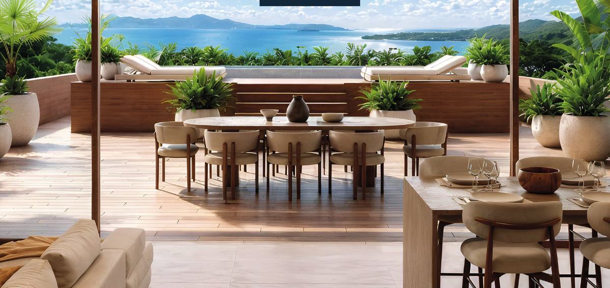 Terrasse à manger d'une villa sur le toit face au lagon — perspective 3D